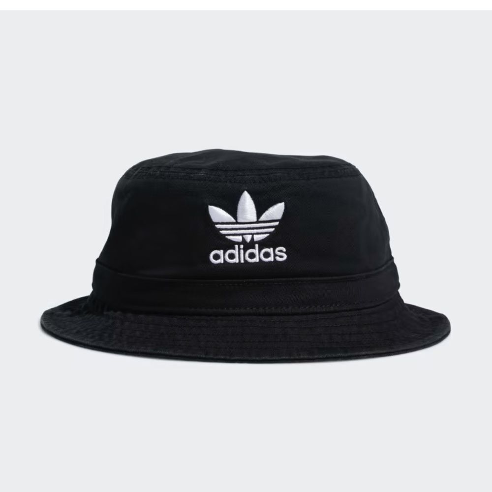 Adidas Originals Washed Bucket Hat in black cotton with an embroidered Trefoil